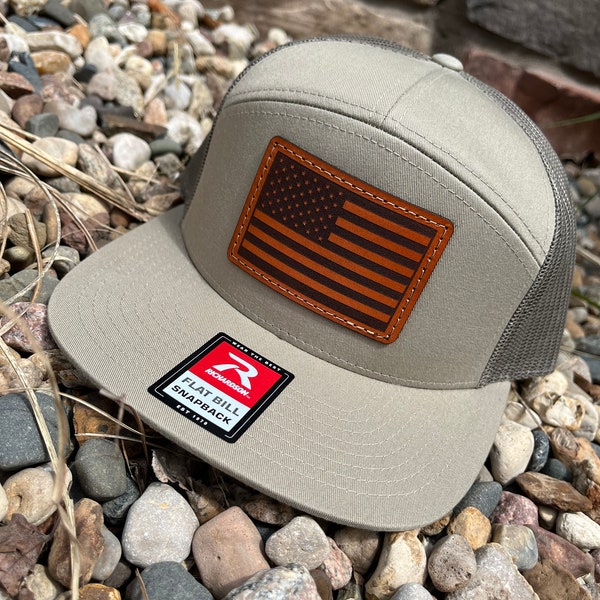 Richardson 168 Flat bill Snapback Laser Engraved Leather Patch Hat-American Flag USA Patriotic America Leather Patch Hat