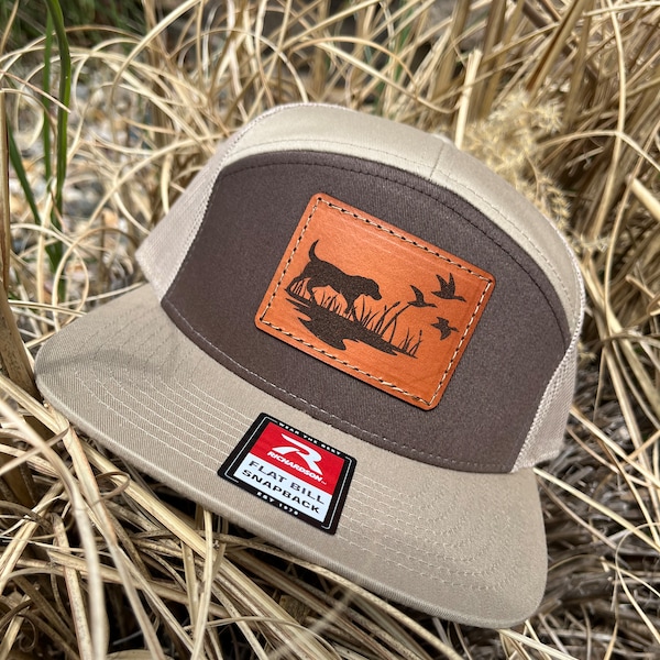 Richardson 168 Flat bill Snapback Laser Engraved Leather Patch Hat-Hunting Dog With Ducks Leather Patch Hat Hunter Duck Hunting Gun Dog