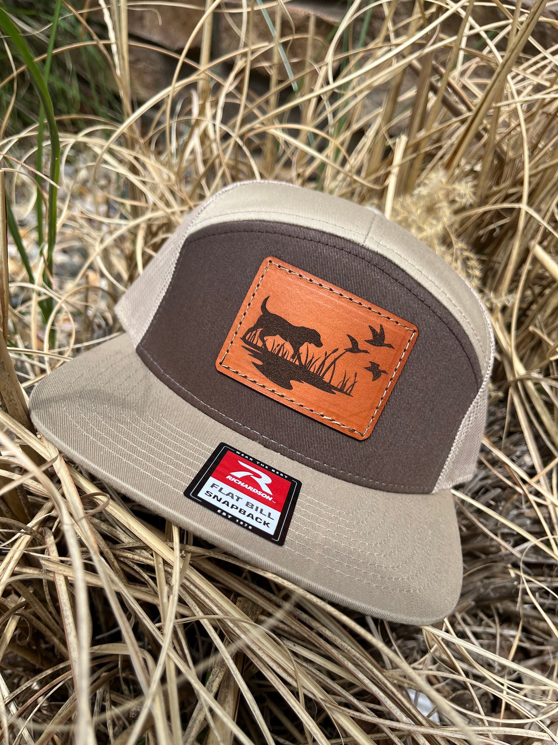 Richardson 168 Flat Bill Snapback Laser Engraved Leather Patch Hat