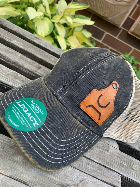 Legacy Hats OFA Laser Engraved Leather Patch Unstructured Hat- Custom Company Business Faux Stitched Real Leather-Cattle Brand Ranch Ear Tag