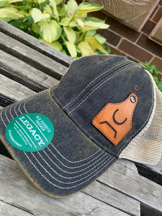 Legacy Hats OFA Laser Engraved Leather Patch Unstructured Hat- Custom Company Business Faux Stitched Real Leather-Cattle Brand Ranch Ear Tag