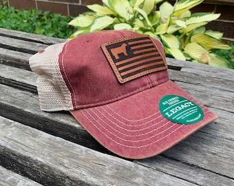 Legacy Hats OFA Laser Engraved Leather Patch Unstructured Hat- Show Steer American Flag Hand Stitched Real Leather-Cow Calf USA Patriotic