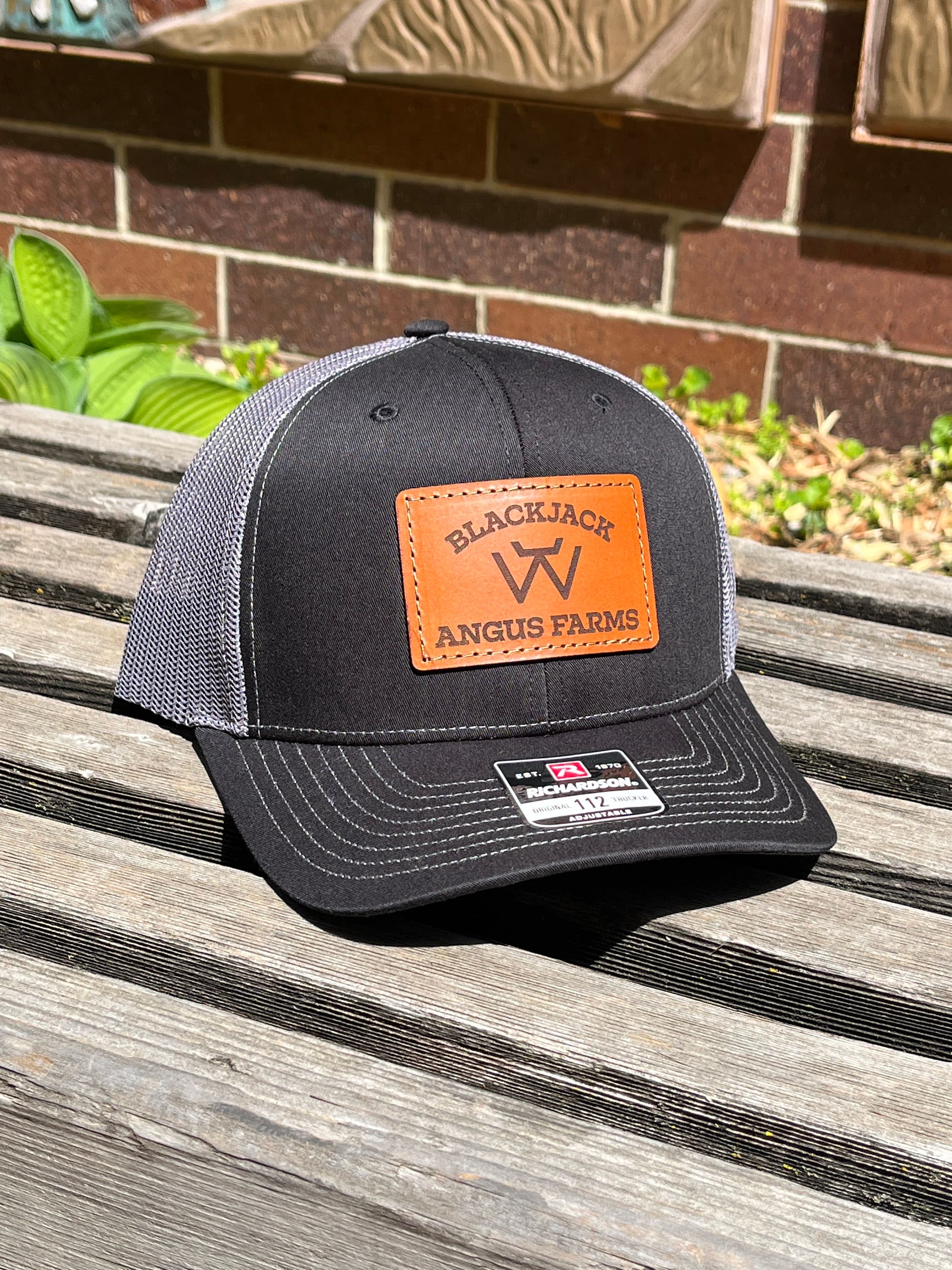 Custom Richardson 112 Laser Engraved Leather Patch Hat- Logo Cattle Brand Livestock Farm Hand Stitched Real Leather Ranch Brand