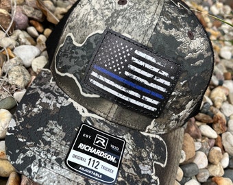 Thin Blue Line Richardson 112P Digitally Printed Leather Patch Hat-company Hand Stitched Real Leather Camo American Flag Patch USA Police