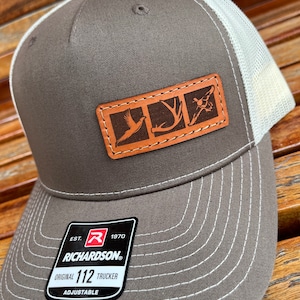 Richardson 112FP Laser Engraved Leather Patch Hat-Pheasant Antler Duck Hunting Patch Hand Stitched Real Leather