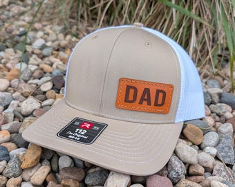 Richardson 112 Laser Engraved Leather Patch Hat- Dad Left Panel Patch- Hand Stitched Real Leather