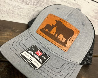 YOUTH/TODDLER Richardson 112 Laser Engraved Leather Patch Hat- Cow Calf Hand Stitched Real Leather