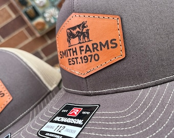 Custom Richardson 112 Laser Engraved Leather Patch Hat- Personalized Cow Calf Farm Name with Est Date Hand Stitched Real Leather Ranch Brand