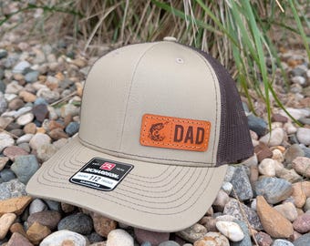 Richardson 112 Laser Engraved Leather Patch Hat- Fishing Dad Left Panel Patch- Hand Stitched Real Leather