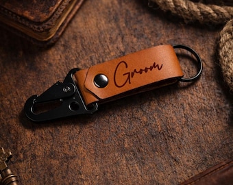 Personalized Leather Keychain, Custom Engraved Genuine Leather Key Fob, Minimalist Gift for Him or Her-Script Groom