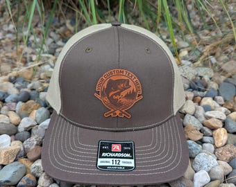 Custom Richardson 112 Laser Engraved Leather Patch Hat-Personalized Bass Fishing Scene with Name Real Leather