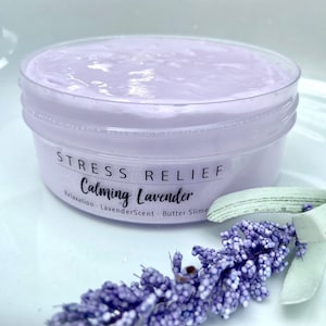 Lavender clay slime for easing anxiety and calming effect smooth buttery texture lavender scent stress relief