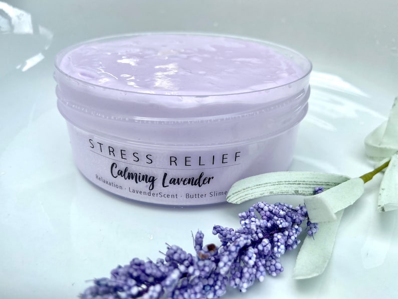 Lavender clay slime for easing anxiety and calming effect smooth buttery texture lavender scent stress relief