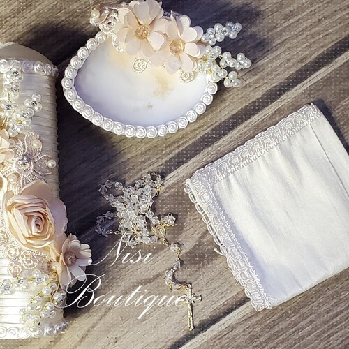 Beautiful 4 Pieces Baptism Candle Set White Baptism Set Etsy