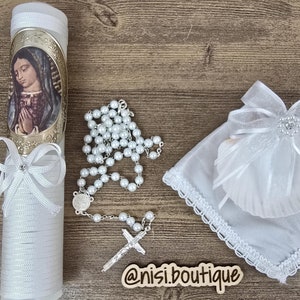 Beautiful Our Lady of Guadalupe Baptism Candle Set, Christening 4 Pieces Set, White, Handmade, Virgen de Guadalupe, Vela de Bautizo.