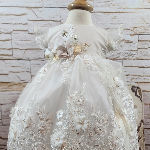 Free Shipping  Baptism Dress, Christening Gown Baby Girl Color Ivory Dress Any Special Occasion Dress Hermoso Vestido de Bautizo Color Ivory