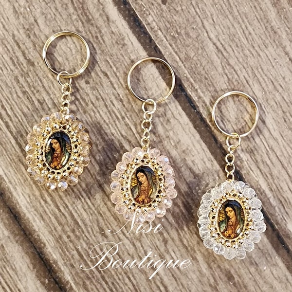 12 Pieces of Favors, Beautiful Keychain of Gold White, Beige or Pink Our Lady Guadalupe, Baptism Favors, Baby Shower Favors, Keychain Favors