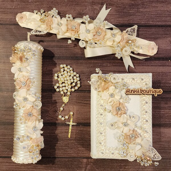 Free Shipping!! Beautiful First Communion or Confirmation Candle Set, Ivory Color  with Complete Spanish Bible and Flower Dress Belt Option
