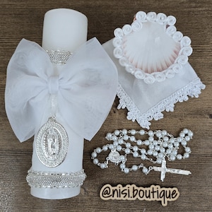 Beautiful Our Lady of Guadalupe Baptism Candle Set, Christening 4 Pieces Set, White, Handmade, Virgen de Guadalupe, Vela de Bautizo.