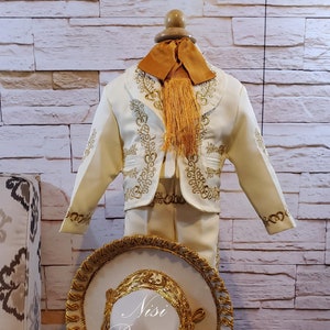 Beautiful 6 pieces Boy Charro Suit, Beige with Gold Charro Suit with Hat, Charro Outfit, Mariachi Suit