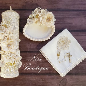 Beautiful Baptism Candle Set, Christening 4 Pieces Set, Ivory, Handmade, Vela de Bautizo, Ceremony candle, a unique design.