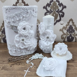Unique Baptism Candle Set - 5 Piece Handmade White  Flower Design, Christening Keepsake, Vela de Bautizo, Ceremony Essential