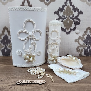 Unique Baptism Candle Set - 5 Piece Handmade Ivory Cross Design, Christening Keepsake, Vela de Bautizo, Ceremony Essential