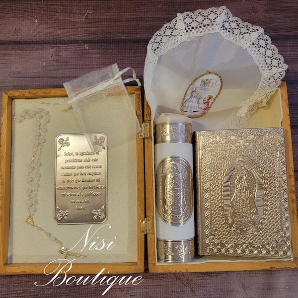 Beautiful Wood Box 6 Pc. Our Lady Guadalupe Beige First Communion Candle Set, Spanish Bible, Primera Comunion Set de vela Biblia en Español