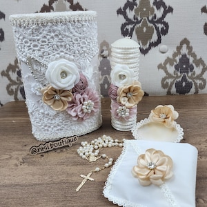 Unique Baptism Candle Set - 5 Piece Handmade Ivory Flower Design, Christening Keepsake, Vela de Bautizo, Ceremony Essential