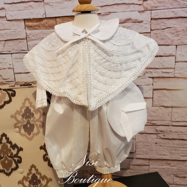 Baby Boy Christening Cape Outfit, White Blessing or Baptism Outfit, Boy Baptism Outfit,Three Pieces
