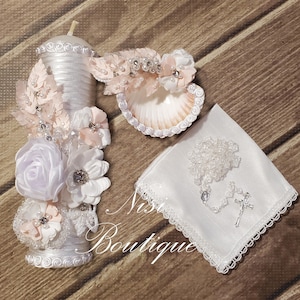 Lindo conjunto de 4 velas de batismo, conjunto de velas de batismo branco e rosa, conjunto de velas de batismo, Vela de Bautizo, vela de cerimônia, um design exclusivo.