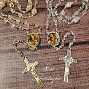 Handcrafted Beautiful Our Lady of Guadalupe Silver or Gold Crystal Rosary, Wedding Rosary, Communion Rosary, Christening Rosary