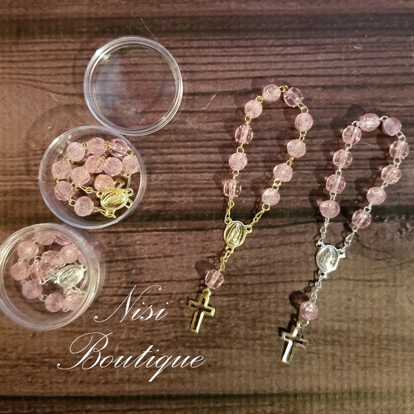 12 pieces of Mini Rosary Favors Pink Gold or Pink Silver with box, Christening, First Communion, Confirmation, all occasion, Misterios