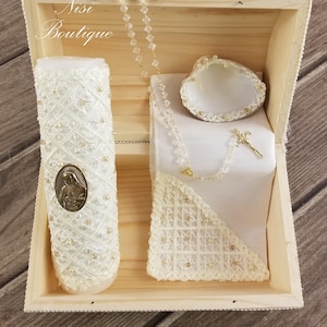 Beautiful Baptism Wooden Box Candle Set, Christening 5 Pieces Set, Color Ivory, Handmade, Vela de Bautizo con Caja De Madera,Ceremony Candle