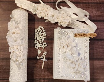 Free Shipping!! Beautiful First Communion or Confirmation Candle Set, White Color  with Complete Spanish Bible and Flower Dress Belt Option