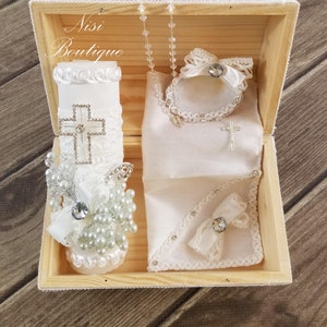 Beautiful Baptism Wooden Box Candle Set, Christening 5 Pieces Set, Color White, Handmade, Vela de Bautizo con Caja De Madera,Ceremony Candle