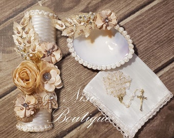 Beautiful Baptism Candle Set, Christening 4 Pieces Set, Ivory, Handmade, Vela de Bautizo, Ceremony candle, a unique design.