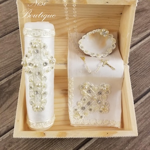 Beautiful Baptism Wooden Box Candle Set, Christening 5 Pieces Set, Color Ivory, Handmade, Vela de Bautizo con Caja De Madera,Ceremony Candle