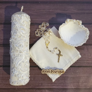 Free Shipping!! Beautiful Baptism Candle Set, Christening 4 Pieces Set, Ivory, Handmade, Vela de Bautizo, Ceremony candle, a unique design