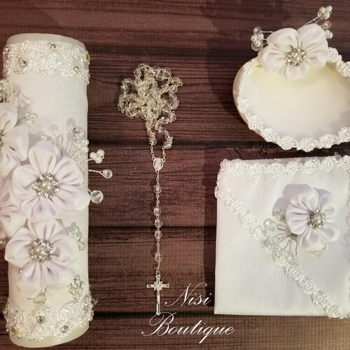 Beautiful 4 Pieces Baptism Candle Set White Baptism Set Etsy