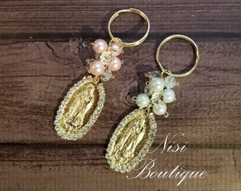 12 Pieces of Favors, Beautiful Keychain of Gold/White or Pink Our Lady Guadalupe, Baptism Favors, Baby Shower Favors, Keychain Baby Favors