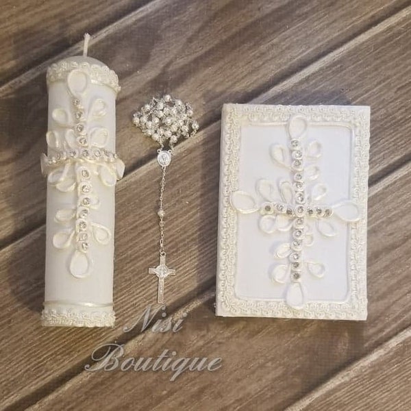 Beautiful Spanish Communion Candle Set, Ivory First Communion Candle Set, 3 Pieces First Communion Candle Set  or confirmation set.