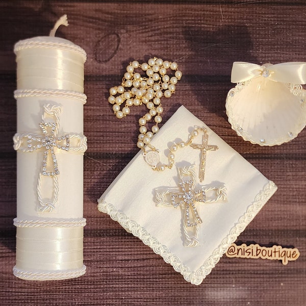 Beautiful Baptism Candle Set, Christening 4 Pieces Set, Ivory, Handmade, Vela de Bautizo, Ceremony candle, a unique design.