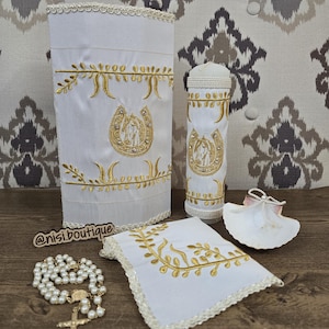 Free Shipping!! Beautiful 5 Pc Charro Baptism Candle Set, Compressed Wood Keepsake, Ivory/Gold Baptism Set, Baptism Candle Set Handmade