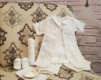 Baby Boy Christening Outfit 9 Pieces Set, White Blessing or Baptism Outfit, Boy Baptism Outfit, Ajuar de Bautizo Color Blanco De 9 Piezas