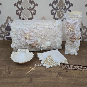 Unique Baptism Candle Set  5 Pieces Handmade Beige Flower Design, Christening Keepsake, Vela de Bautizo, Ceremony Essentials