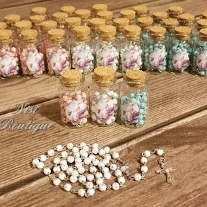 12 Pieces of Favors, Beautiful Rosary with the bottle color pink,White or blue, any occasion Favors,Baby Favors,recuerdos rosario en botella