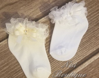 Christening, Baptism Girl Ruffle Socks, White or Ivory, Nylon, Perfect for Special Occasion, Girl Baptism Outfit, Ruffle Socks