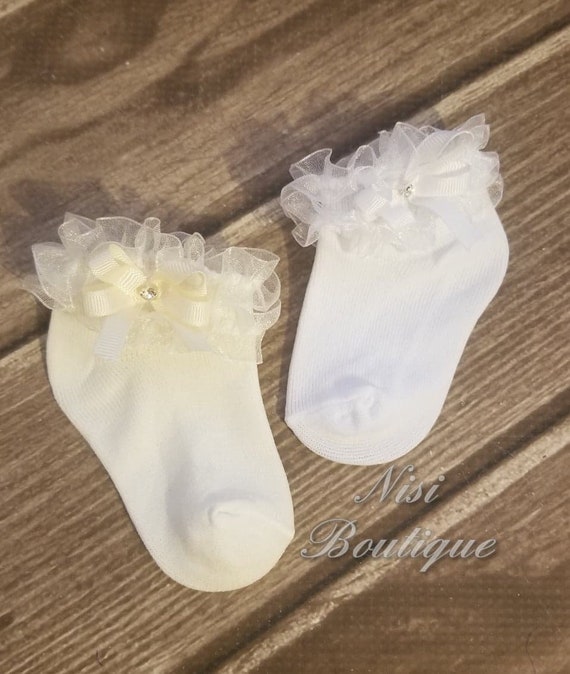 Christening, Baptism Girl Ruffle Socks, White or Ivory, Nylon, Perfect for Special Occasion, Girl Baptism Outfit, Ruffle Socks