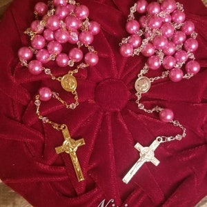 Handcrafted Beautiful Silver/Gold Pink Fuchsia Rosary, Wedding Rosary,Communion Rosary,Christening Rosary,Confirmation Rosary, Rosary Gift.